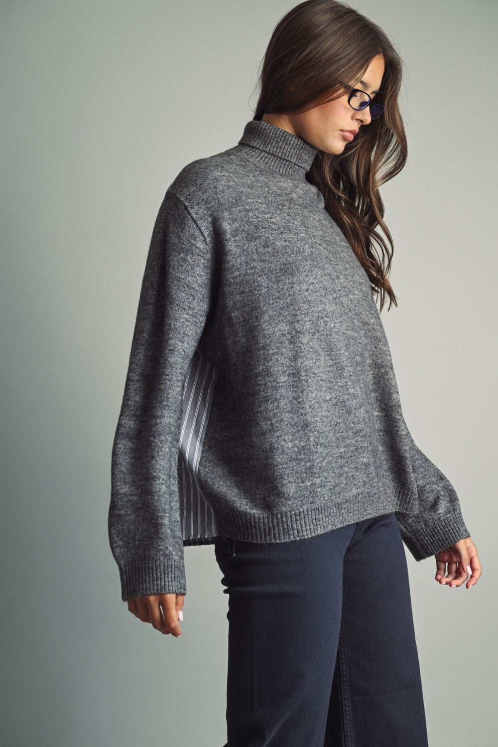 Reverse View Stripe Back Turtleneck in Charcoal - product photo 2