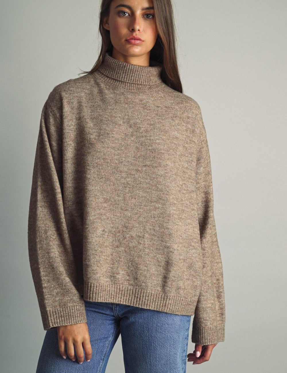 Reverse View Stripe Back Turtleneck in Warm Sand - product photo 1