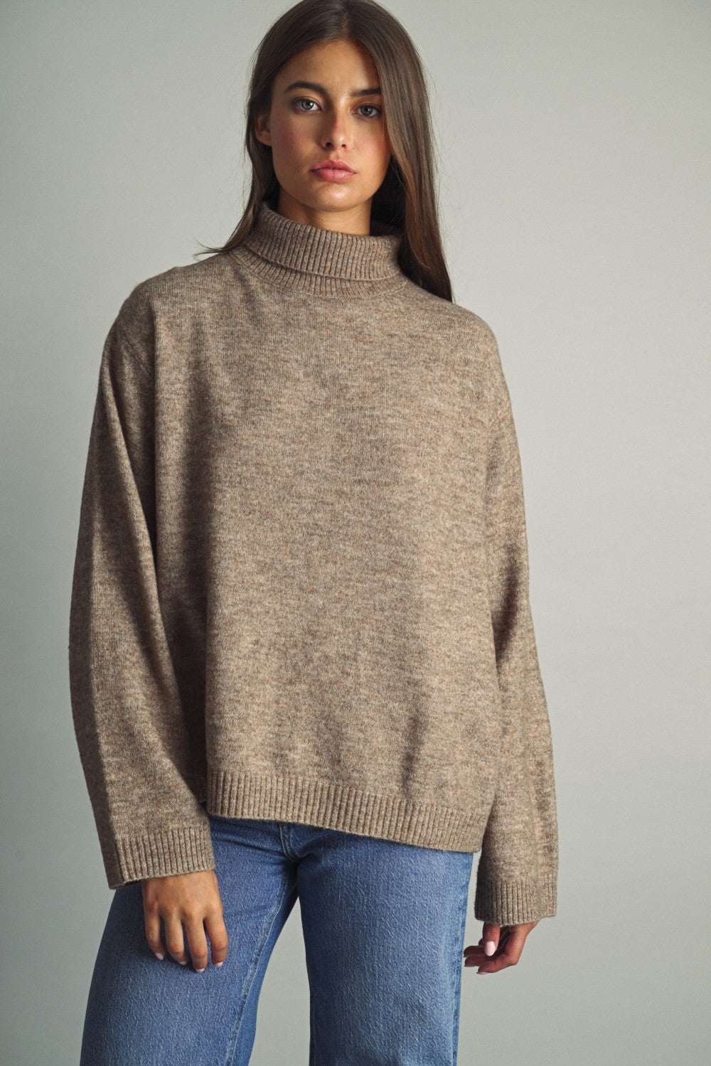 Reverse View Stripe Back Turtleneck in Warm Sand - product photo 1