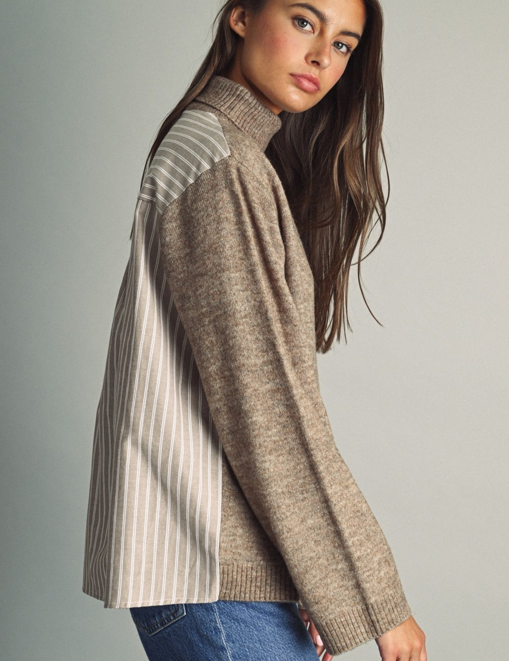 Reverse View Stripe Back Turtleneck in Warm Sand - product photo 2