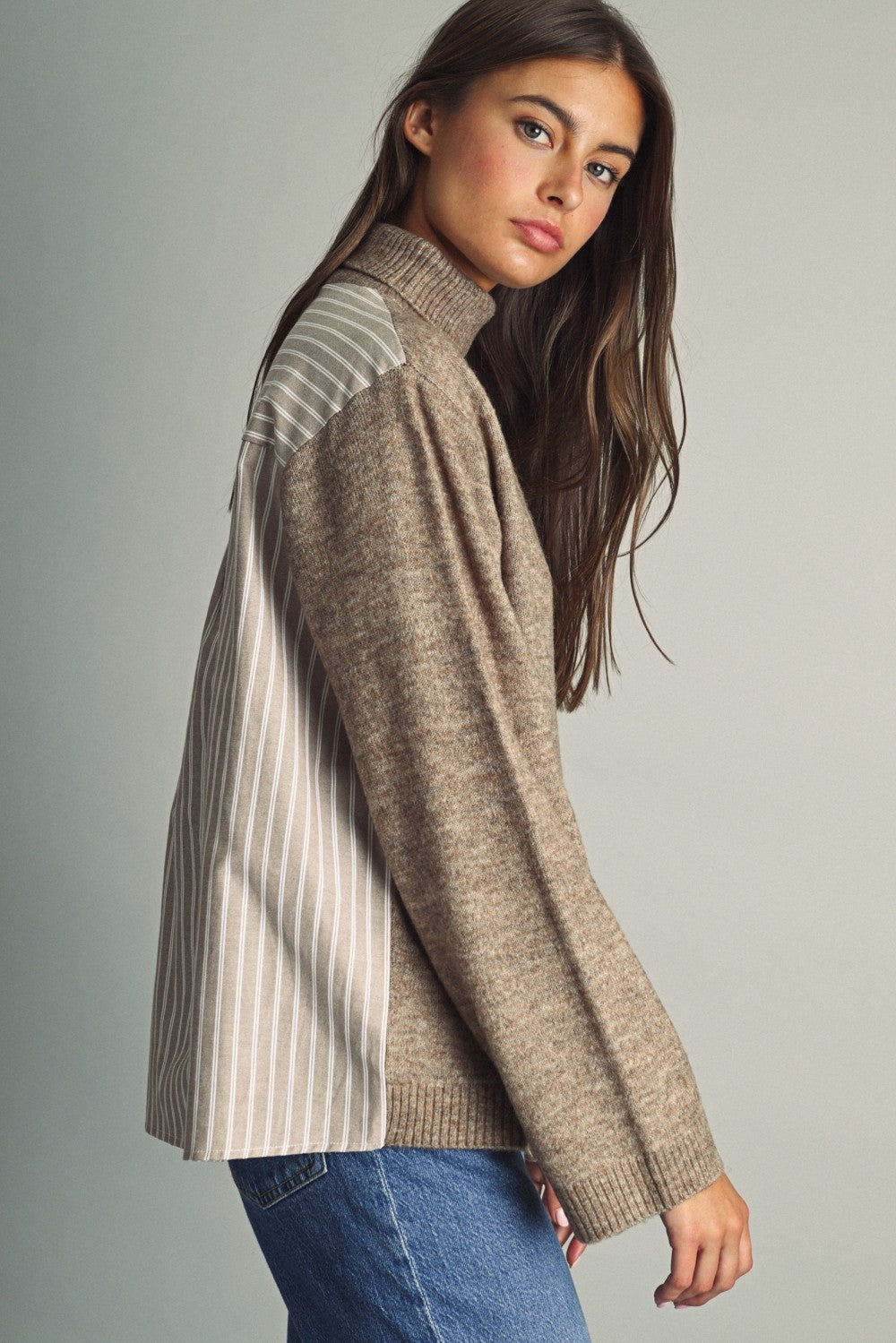 Reverse View Stripe Back Turtleneck in Warm Sand - product photo 2