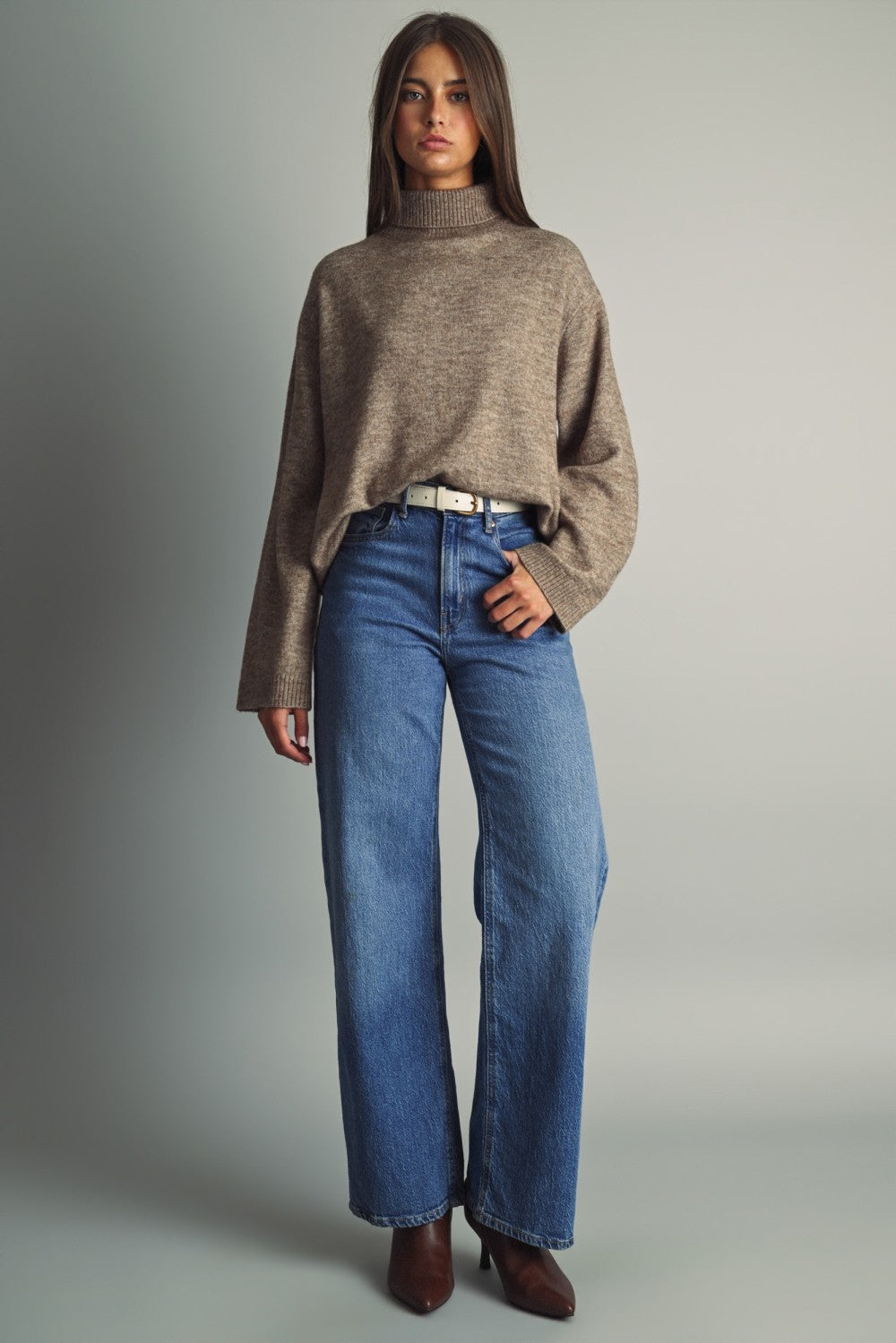 Reverse View Stripe Back Turtleneck in Warm Sand - product photo 4