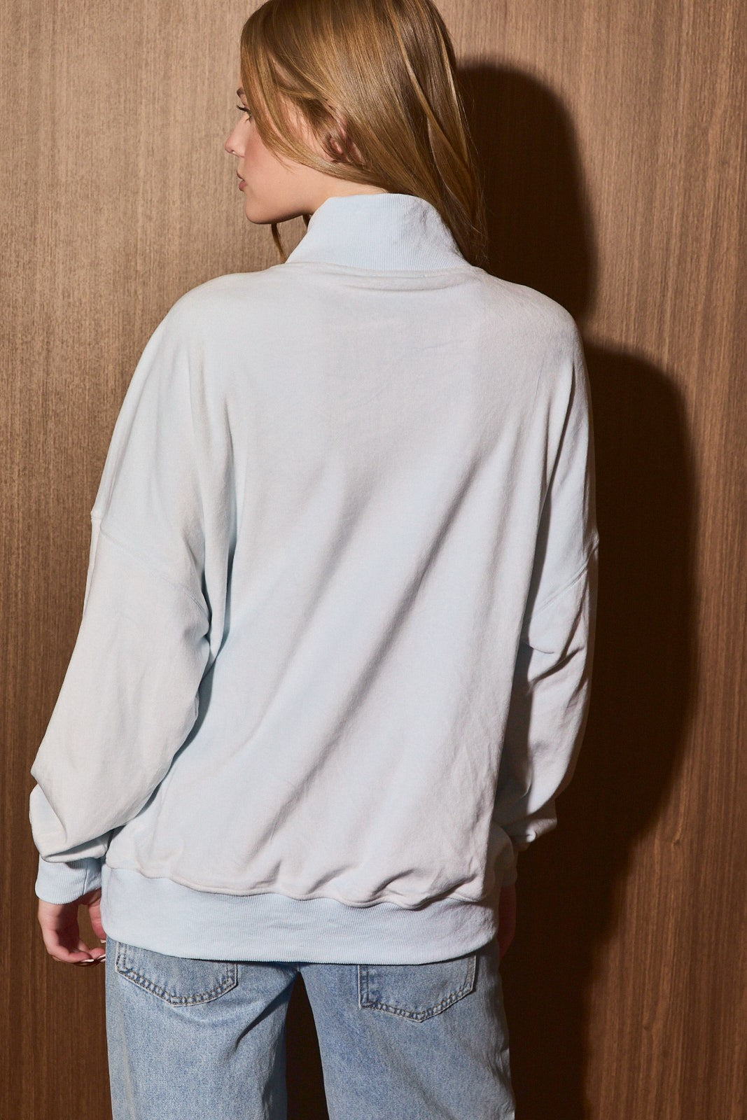 Ribbon & Light Velvet Mock Neck Top in Light Blue — product photo 03