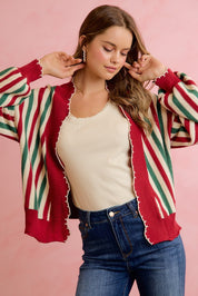 Ribbon Candy Scalloped Stripe Cardigan - Red Green Ivory