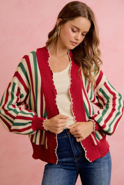 Ribbon Candy Scalloped Stripe Cardigan - Red Green Ivory