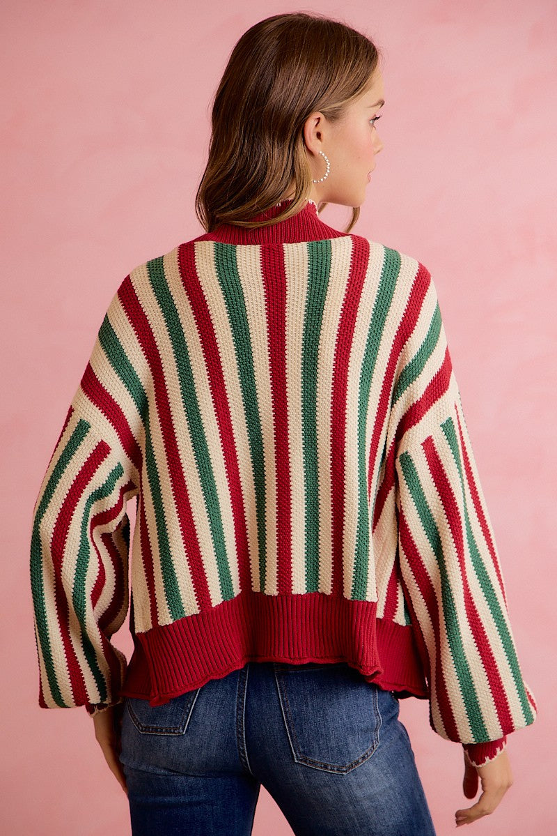 Ribbon Candy Scalloped Stripe Cardigan - Red Green Ivory