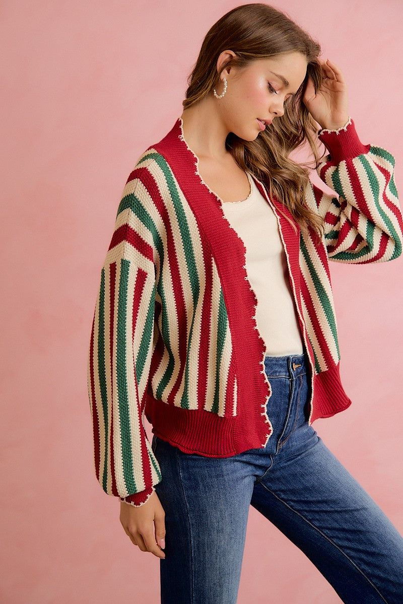 Ribbon Candy Scalloped Stripe Cardigan - Red Green Ivory