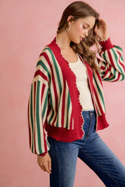 Ribbon Candy Scalloped Stripe Cardigan - Red Green Ivory