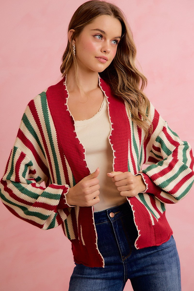 Ribbon Candy Scalloped Stripe Cardigan - Red Green Ivory