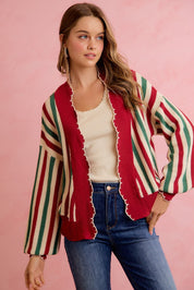 Ribbon Candy Scalloped Stripe Cardigan - Red Green Ivory