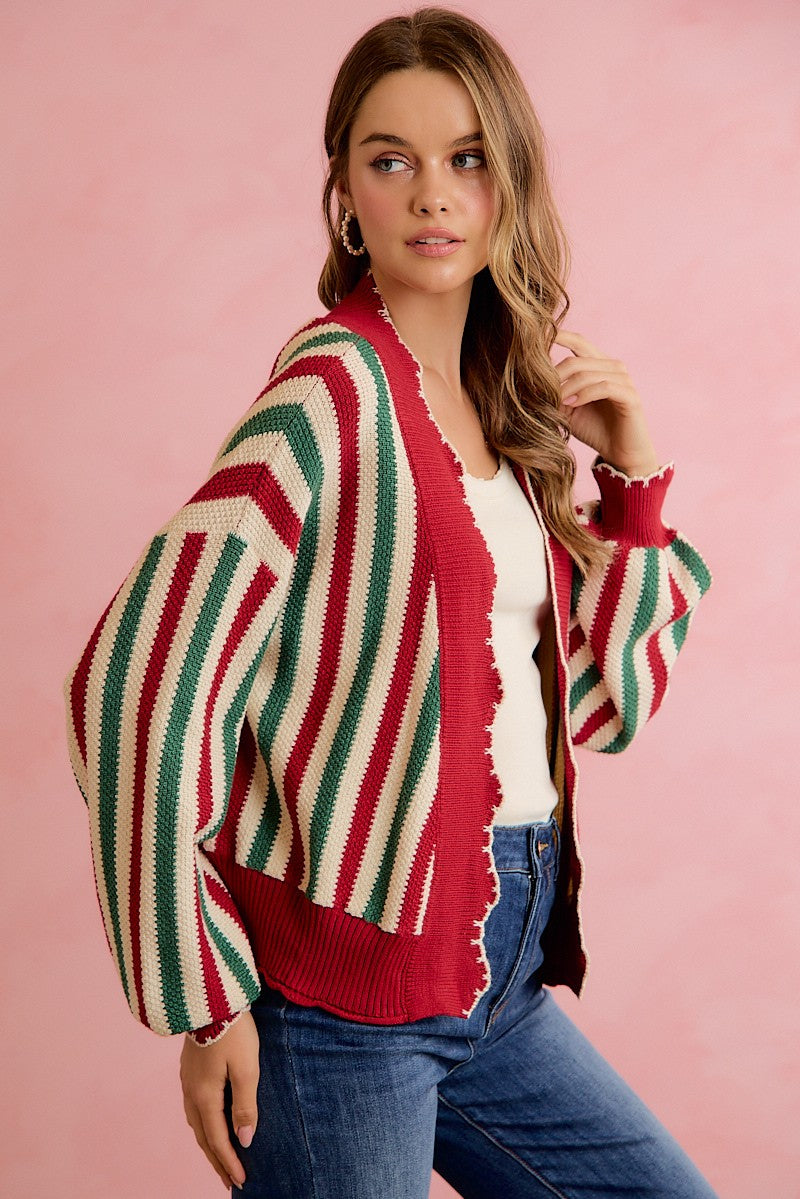 Ribbon Candy Scalloped Stripe Cardigan - Red Green Ivory