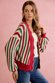 Ribbon Candy Scalloped Stripe Cardigan - Red Green Ivory