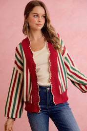 Ribbon Candy Scalloped Stripe Cardigan - Red Green Ivory