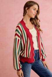 Ribbon Candy Scalloped Stripe Cardigan - Red Green Ivory