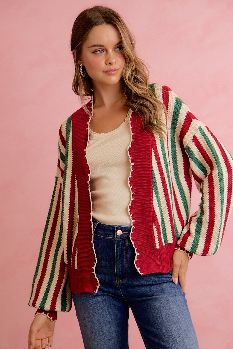 Ribbon Candy Scalloped Stripe Cardigan - Red Green Ivory