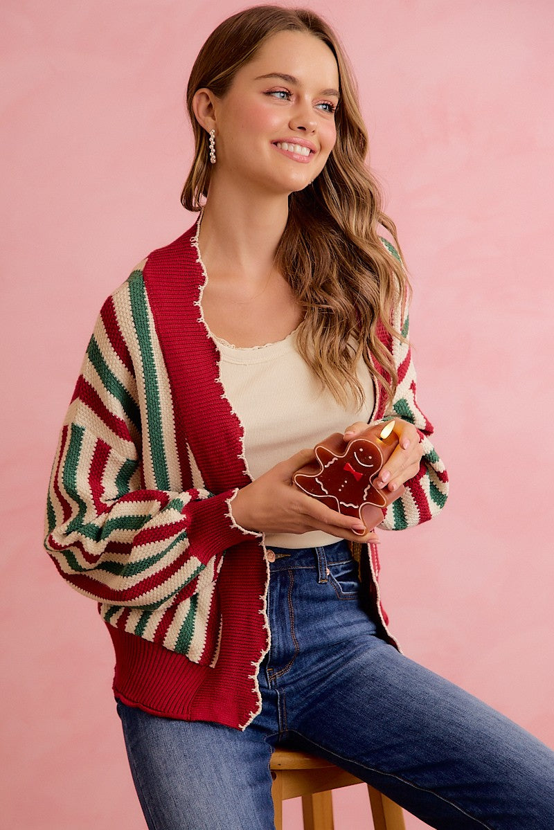 Ribbon Candy Scalloped Stripe Cardigan - Red Green Ivory