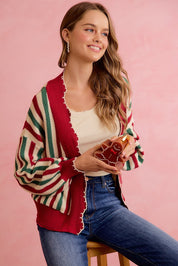 Ribbon Candy Scalloped Stripe Cardigan - Red Green Ivory