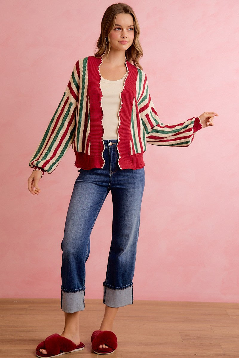 Ribbon Candy Scalloped Stripe Cardigan - Red Green Ivory