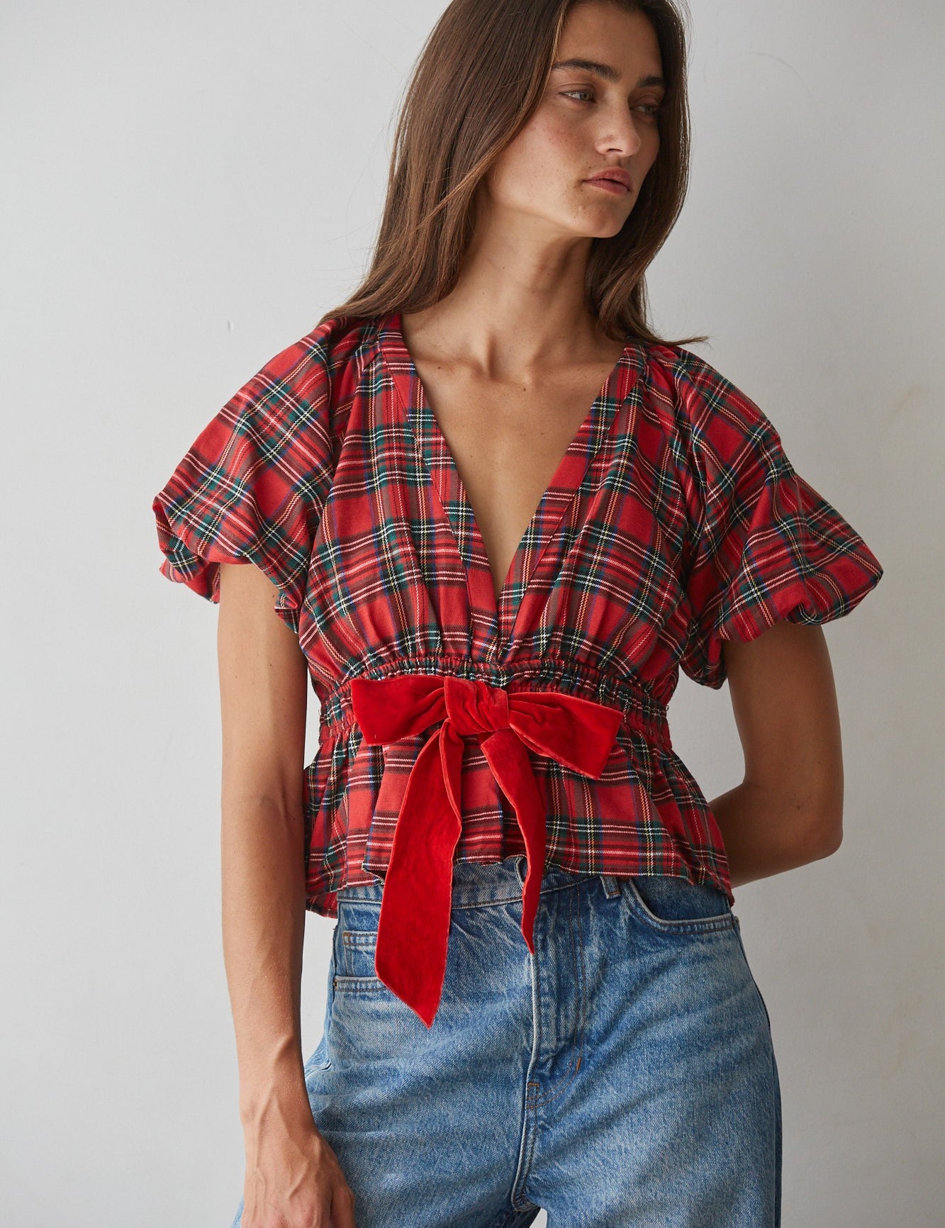 Ribbon Social Plaid Peplum Blouse in Red Green - product photo 1