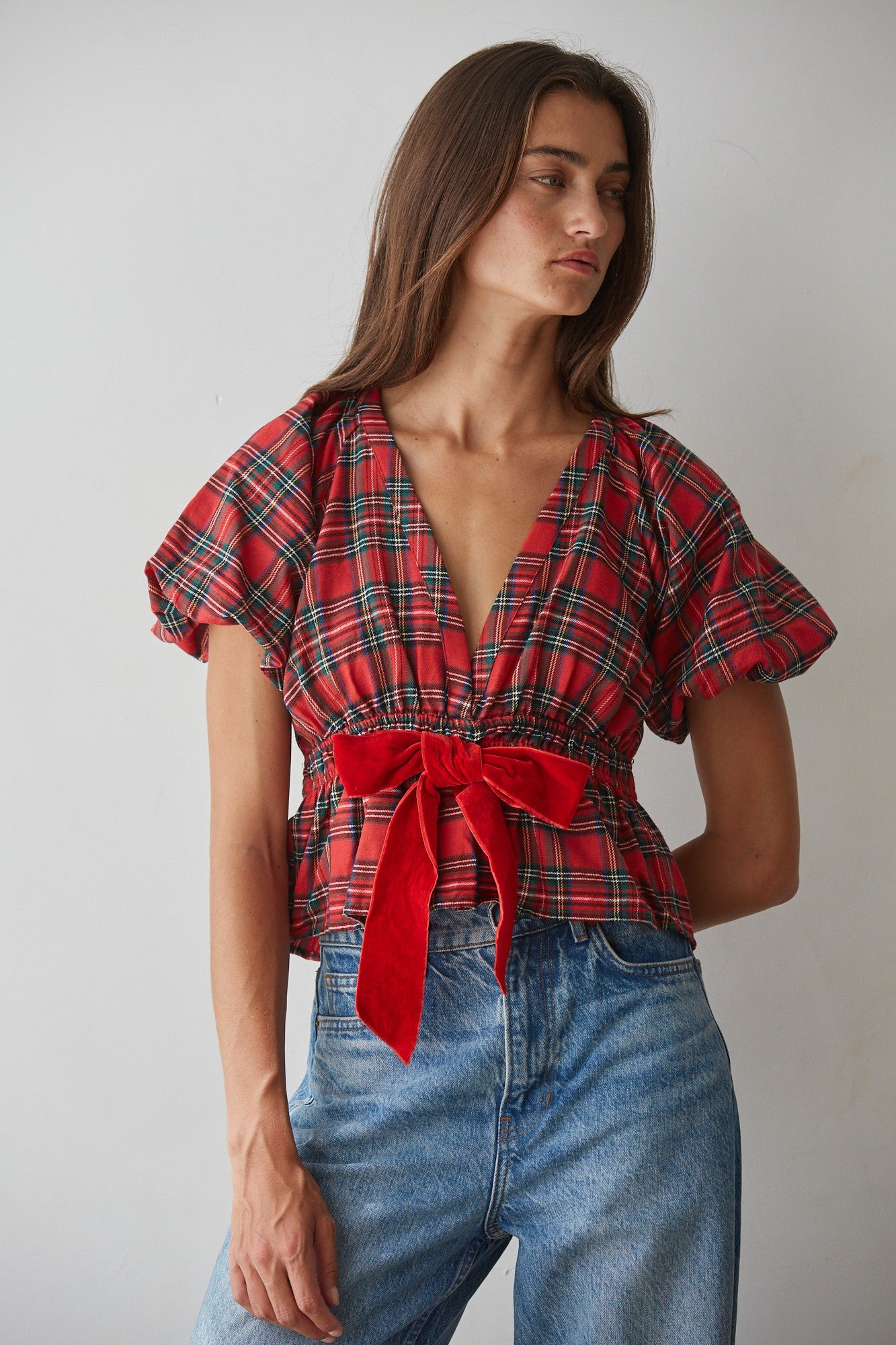 Ribbon Social Plaid Peplum Blouse in Red Green - product photo 1