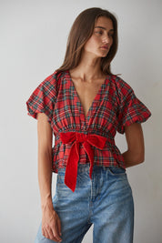 Ribbon Social Plaid Peplum Blouse in Red Green - product photo 1