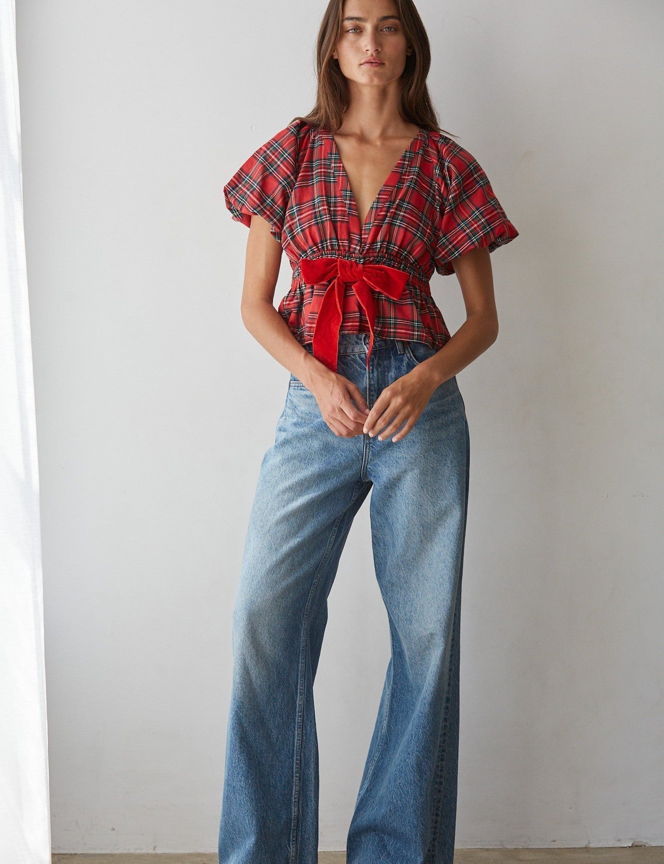 Ribbon Social Plaid Peplum Blouse in Red Green - product photo 2