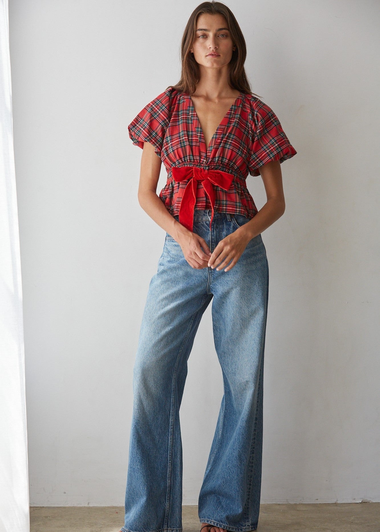 Ribbon Social Plaid Peplum Blouse in Red Green - product photo 2
