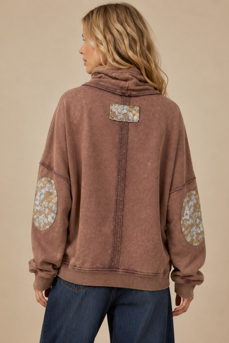 Ribbonwood Floral Tie Neck Pullover in Brown Combo, photo 2