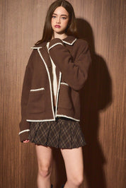 Ridgeline Contrast Stitch Fleece Jacket in Dark Brown Ivory - product photo 2