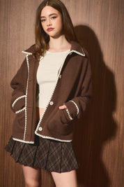 Ridgeline Contrast Stitch Fleece Jacket in Dark Brown Ivory - product photo 3