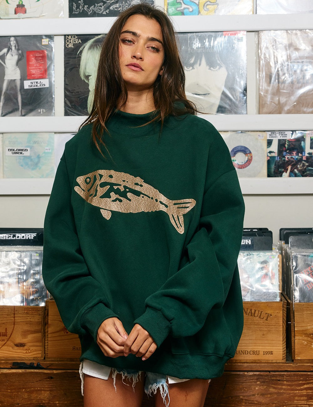 Riverbank Fish Embroidered Sweatshirt in Hunter Green - product photo 1