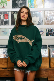 Riverbank Fish Embroidered Sweatshirt in Hunter Green - product photo 1