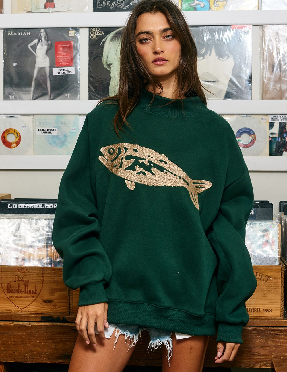 Riverbank Fish Embroidered Sweatshirt in Hunter Green - product photo 3