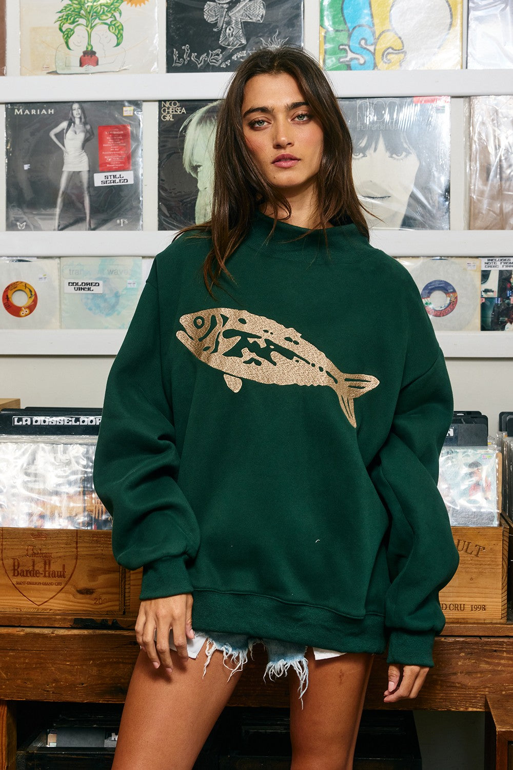 Riverbank Fish Embroidered Sweatshirt in Hunter Green - product photo 3