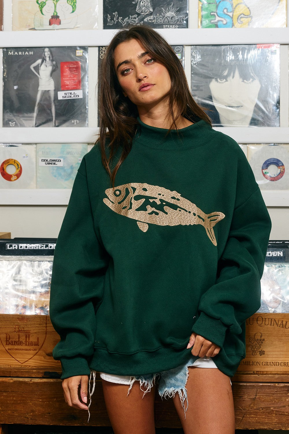 Riverbank Fish Embroidered Sweatshirt in Hunter Green - product photo 4