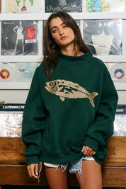 Riverbank Fish Embroidered Sweatshirt in Hunter Green - product photo 4