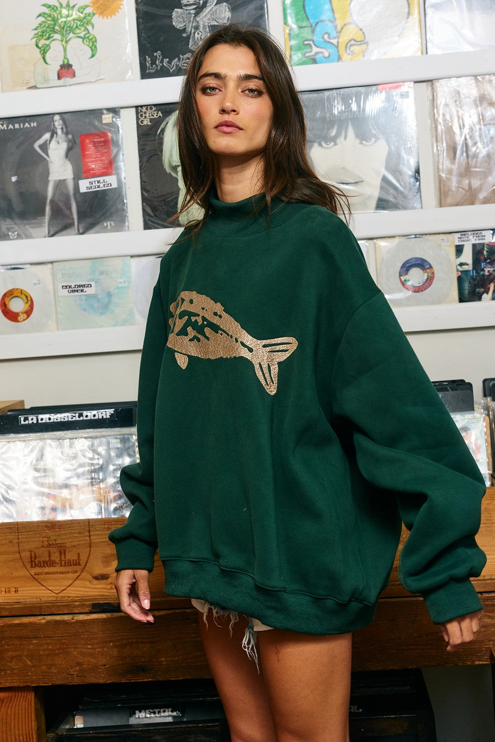 Riverbank Fish Embroidered Sweatshirt in Hunter Green - product photo 8