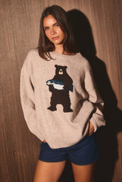 Riverbend Bear & Salmon Knit Sweater in Taupe — product photo 02