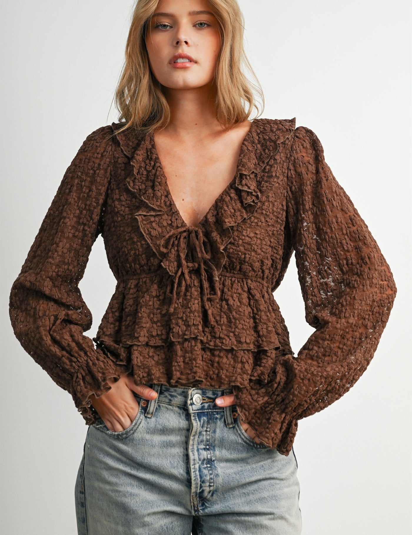 Romilly Ruffle Lace Peplum Blouse in Brown - product photo 1
