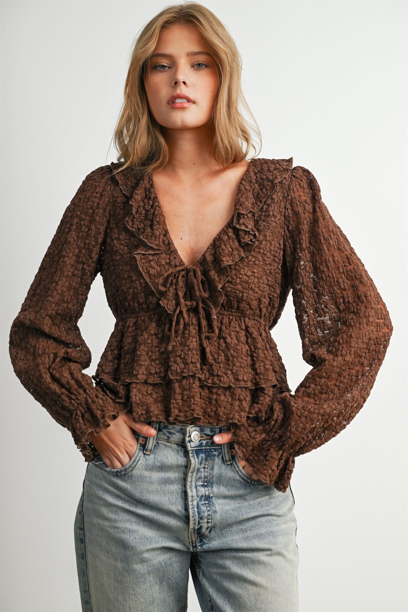 Romilly Ruffle Lace Peplum Blouse in Brown - product photo 1