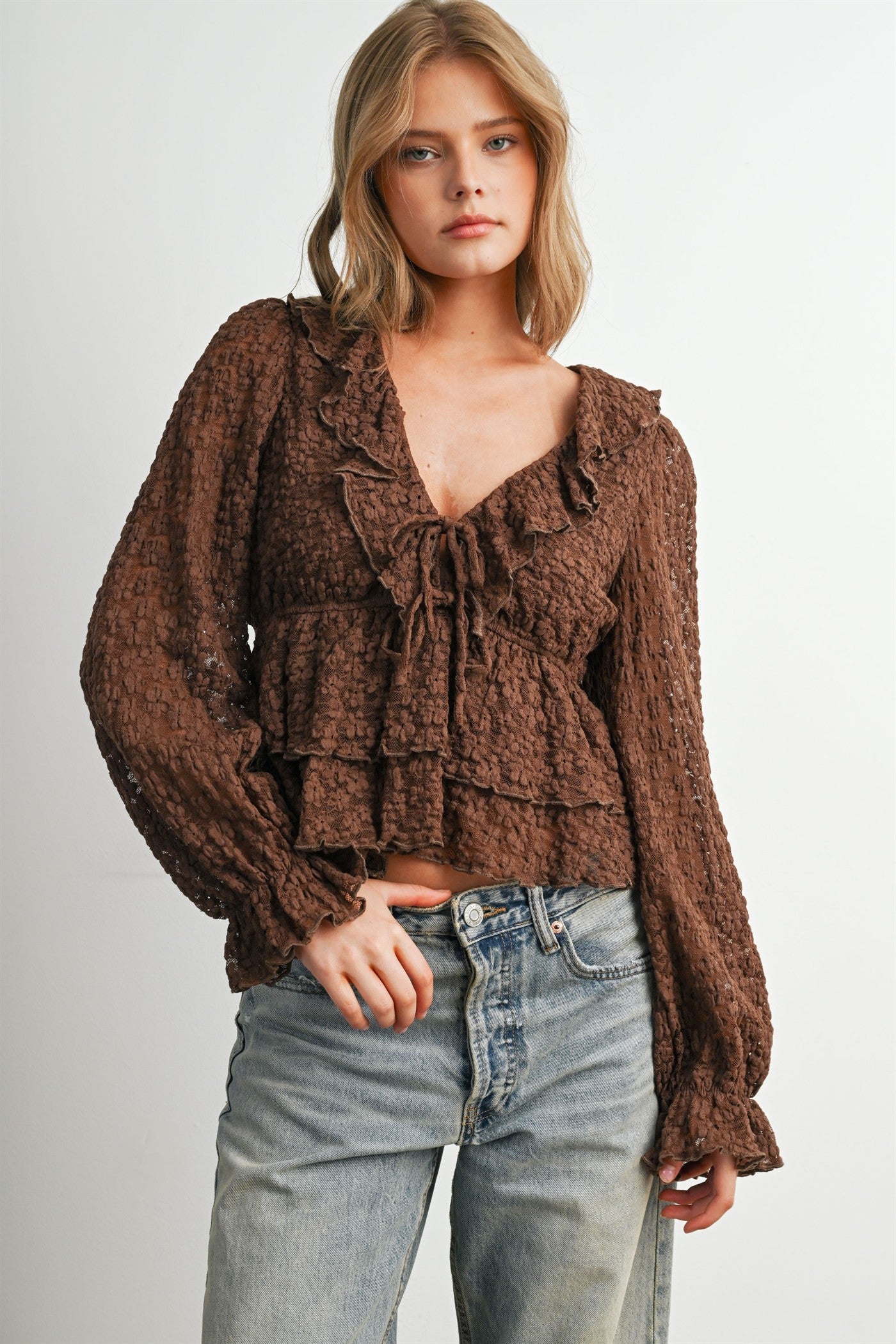 Romilly Ruffle Lace Peplum Blouse in Brown - product photo 4