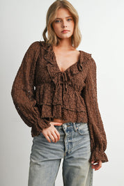 Romilly Ruffle Lace Peplum Blouse in Brown - product photo 4