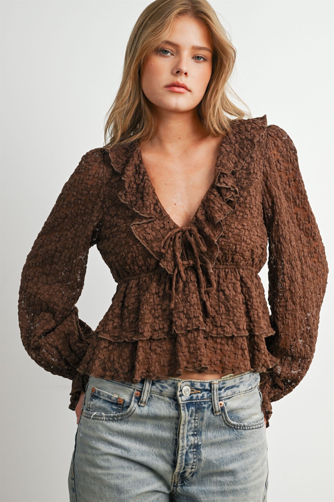 Romilly Ruffle Lace Peplum Blouse in Brown - product photo 5