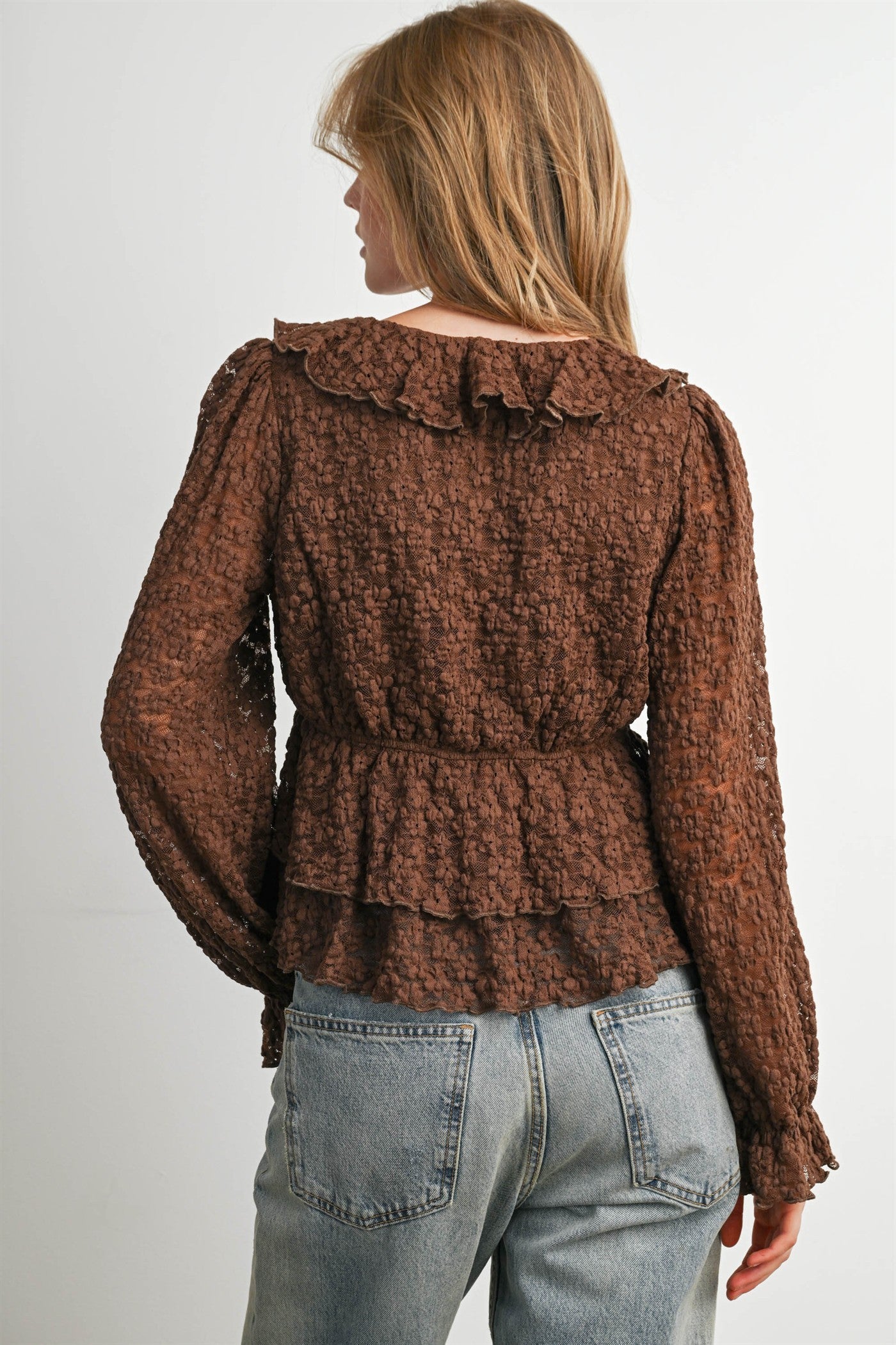 Romilly Ruffle Lace Peplum Blouse in Brown - product photo 9