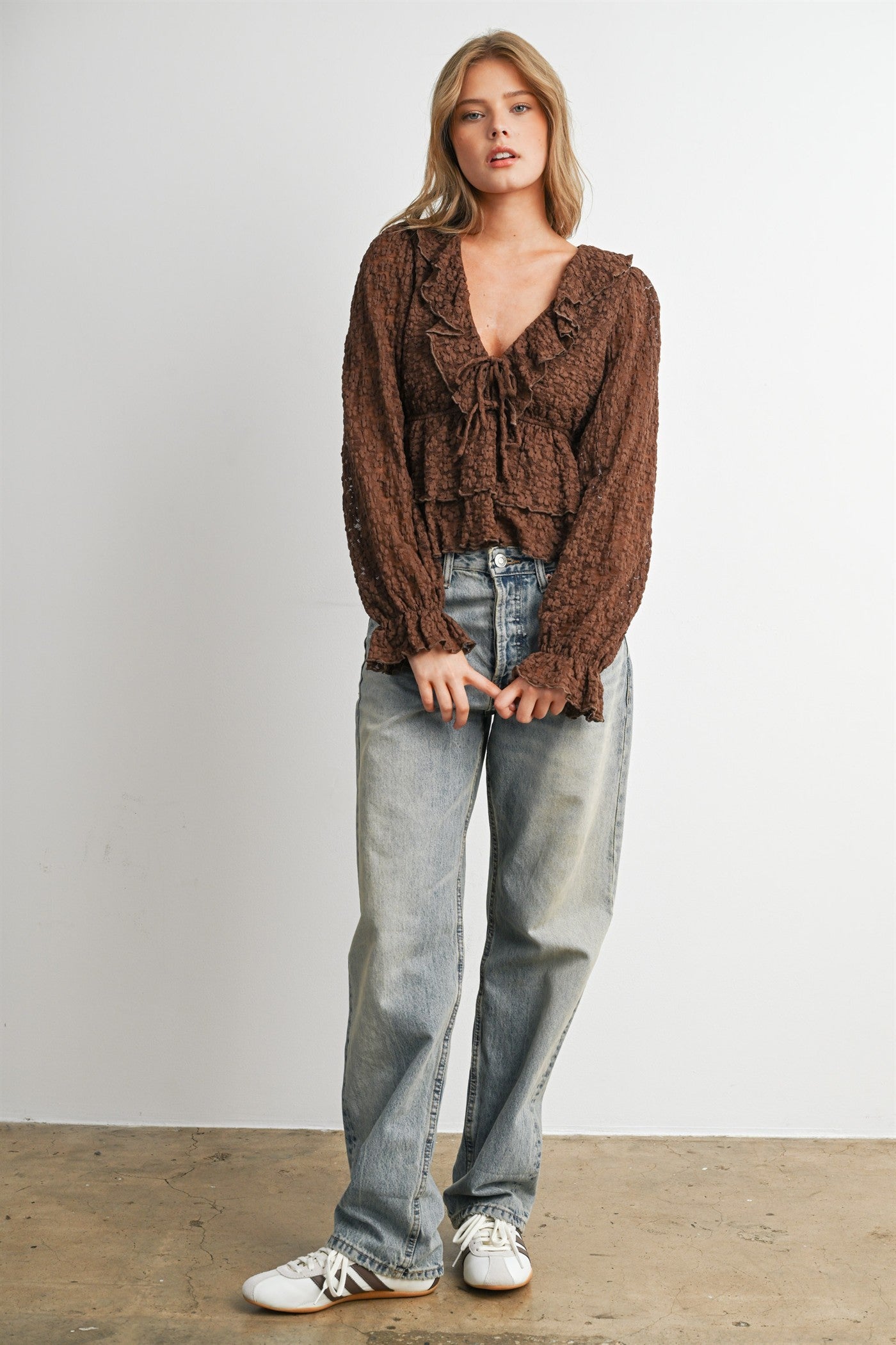 Romilly Ruffle Lace Peplum Blouse in Brown - product photo 10