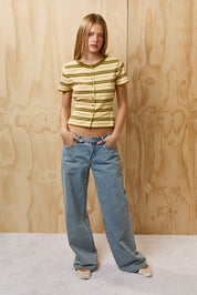 Romy Lane Striped Short Sleeve Cardigan - Butter Olive Stripe