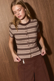 Romy Lane Striped Short Sleeve Cardigan - Taupe Brown Stripe