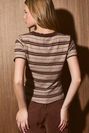 Romy Lane Striped Short Sleeve Cardigan - Taupe Brown Stripe