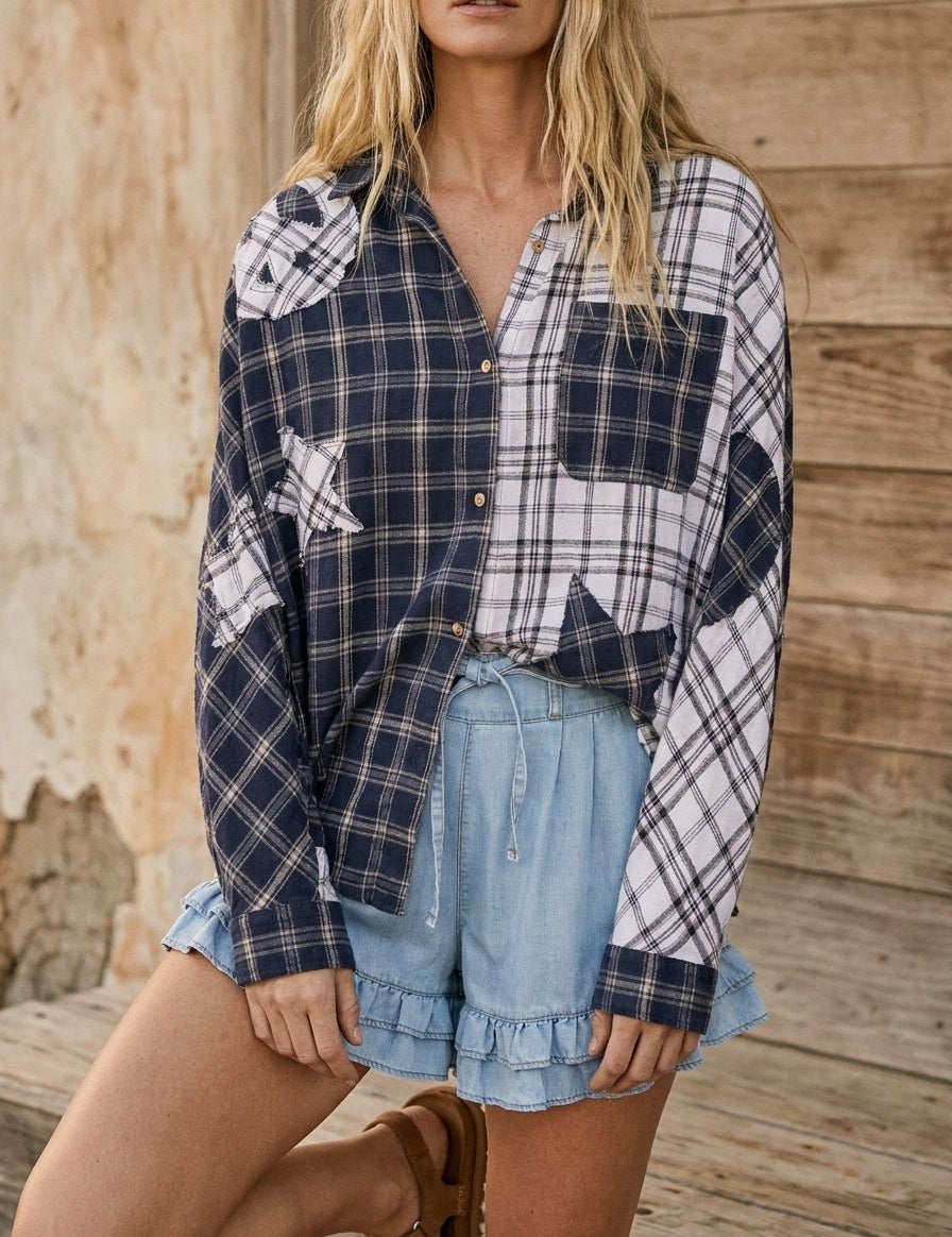 Rory Color Block Plaid Shirt with Patch Detail - Westly