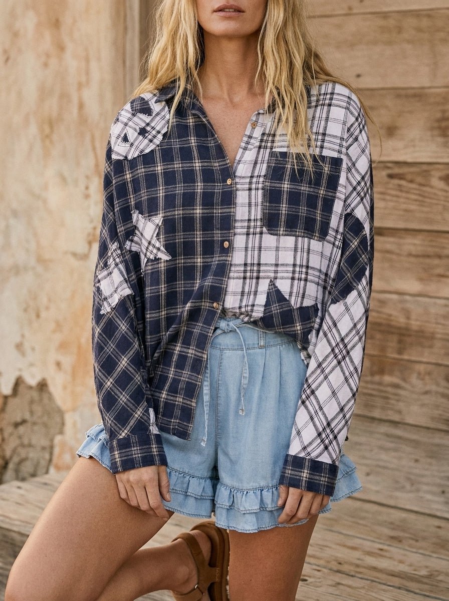 Rory Color Block Plaid Shirt with Patch Detail - Westly